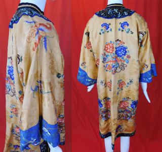 Antique Chinese Apricot Yellow Silk Colorful Embroidered Peony Long Robe Surcoat 3