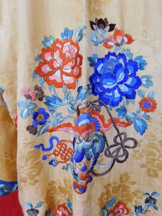 Antique Chinese Apricot Yellow Silk Colorful Embroidered Peony Long Robe Surcoat 4