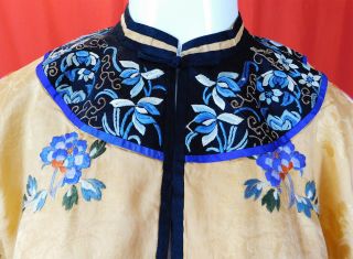 Antique Chinese Apricot Yellow Silk Colorful Embroidered Peony Long Robe Surcoat 6