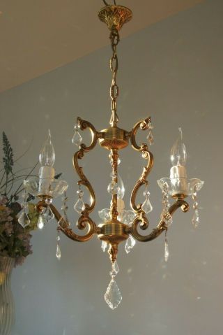Lovely French Cage Style Solid Brass & Glass Crystal 3 Arm Chandelier Light