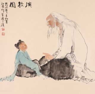 Chinese Painting Hanging Scroll China Teacher Student Old Child Vintage D138