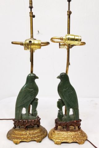 Antique Chinese Nephrite Jade Carved Bird Lamps Gilt Bronze Bases Phoenix