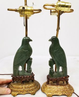 Antique Chinese Nephrite Jade Carved Bird Lamps Gilt Bronze Bases Phoenix 2