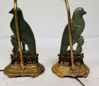 Antique Chinese Nephrite Jade Carved Bird Lamps Gilt Bronze Bases Phoenix 6