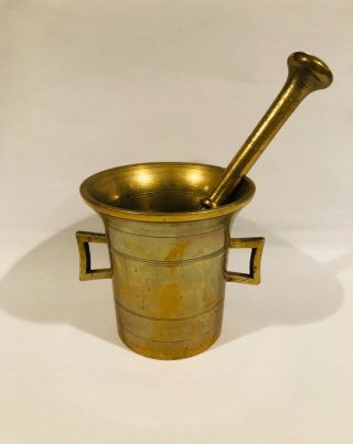 Vintage / Antique HEAVY 10 lb Solid Brass 5.  75” Mortar and Pestle 10.  75” LARGE 2