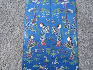 Lovely old embroidered Chinese blue silk sleevebands 5