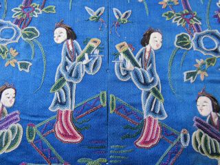 Lovely old embroidered Chinese blue silk sleevebands 8