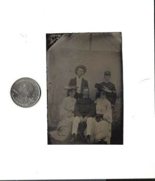 Tintype Of 2 Soldiers,  2 Women & A Civilian Civil War Era ? Spanish American War?