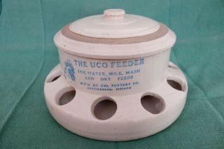 Antique Stoneware Chicken Uco Feeder By Uhl Pottery W Lid Blue Rooster