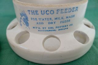 Antique Stoneware Chicken Uco Feeder by Uhl Pottery w Lid Blue Rooster 3