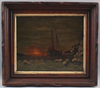 Antique American Nocturnal Tonalist Sunset Maritime Fishing Boat Oil Painting Nr