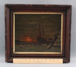 Antique American Nocturnal Tonalist Sunset Maritime Fishing Boat Oil Painting NR 2