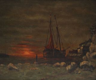 Antique American Nocturnal Tonalist Sunset Maritime Fishing Boat Oil Painting NR 3