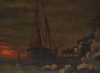 Antique American Nocturnal Tonalist Sunset Maritime Fishing Boat Oil Painting NR 4