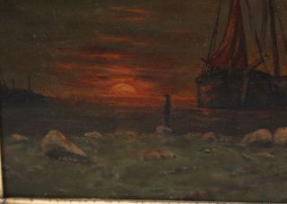 Antique American Nocturnal Tonalist Sunset Maritime Fishing Boat Oil Painting NR 5