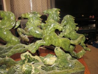 sculpture JADE green colors 8 HORSES MOUNTAIN running stone carving figurines 2