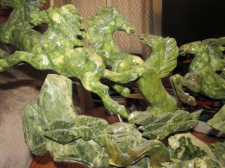 sculpture JADE green colors 8 HORSES MOUNTAIN running stone carving figurines 3