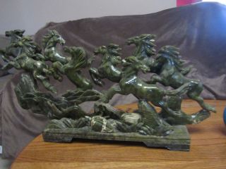 sculpture JADE green colors 8 HORSES MOUNTAIN running stone carving figurines 5