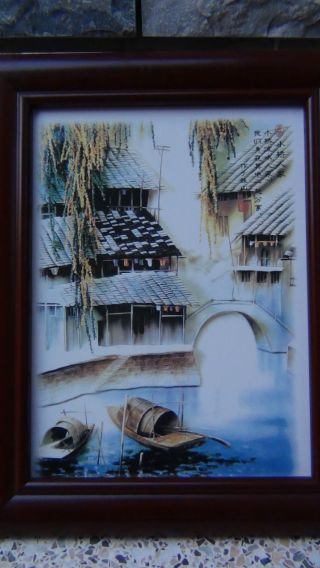 Antique 20c Chinese Painted Porcelain Plaque " Village Scene,  Boats On Water " 1