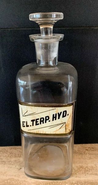 Antique Pharmacy Apothecary Bottle W/glass Stopper El.  Terp.  Hyd.  Large 10 Inch