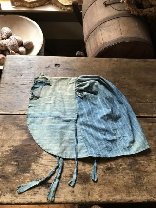 WORN Early Antique Blue Calico Handmade Ladies Large Bonnet 19th C Textile AAFA 11