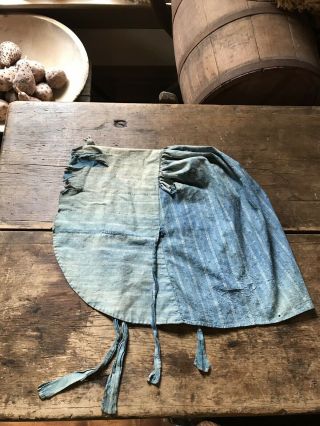 WORN Early Antique Blue Calico Handmade Ladies Large Bonnet 19th C Textile AAFA 12