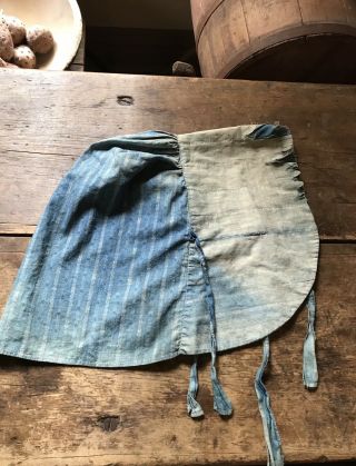 Worn Early Antique Blue Calico Handmade Ladies Large Bonnet 19th C Textile Aafa