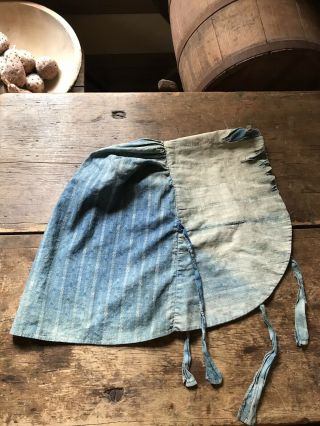 WORN Early Antique Blue Calico Handmade Ladies Large Bonnet 19th C Textile AAFA 2