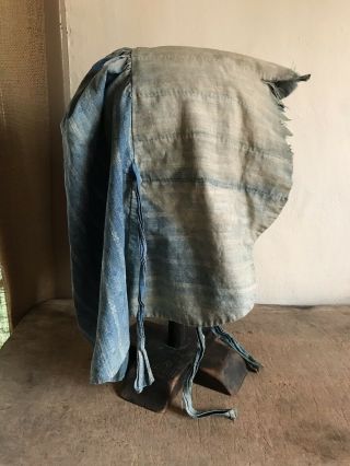 WORN Early Antique Blue Calico Handmade Ladies Large Bonnet 19th C Textile AAFA 3