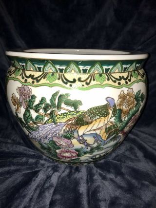 Rare Vintage Chinese Porcelain Koi Fish Bowl Planter 10”x12” Euc
