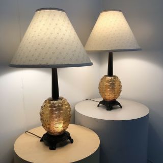 Pair Vintage Mid Century Modern Retro Beehive Light Up Base Table Lamps 1970s