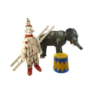 Antique 1910s Schoenhut Humpty Dumpty Circus Clown Elephant Wooden Doll Set Toy