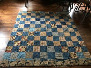 Old Antique Handmade Indigo Blue Calico Quilt Blanket Textile Worn Aafa