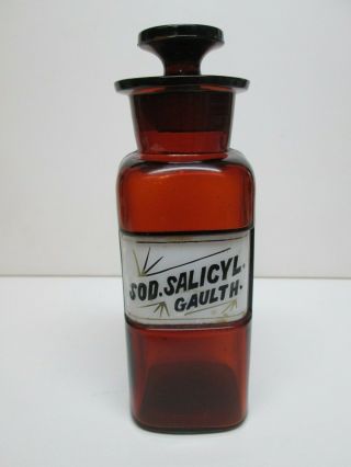 Sod.  Salicyl.  Gaulth.  Amber Reverse Glass Label Apothecary Pharmacy Bottle 1889