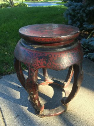Antique Art Deco Chinoiserie Chinese Red Lacquer Blossom Garden Stool Side Table 12