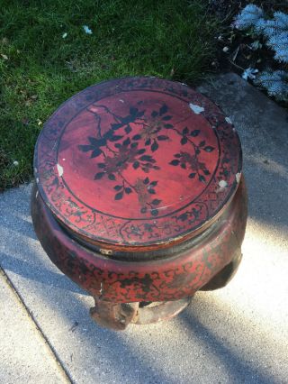 Antique Art Deco Chinoiserie Chinese Red Lacquer Blossom Garden Stool Side Table