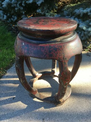 Antique Art Deco Chinoiserie Chinese Red Lacquer Blossom Garden Stool Side Table 2