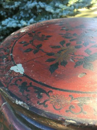 Antique Art Deco Chinoiserie Chinese Red Lacquer Blossom Garden Stool Side Table 4
