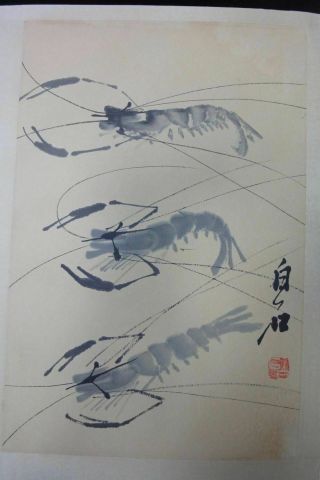 Rare Old Large Chinese Hand Painting Vivid Shrimps Album Book Marked " Qibaishi "