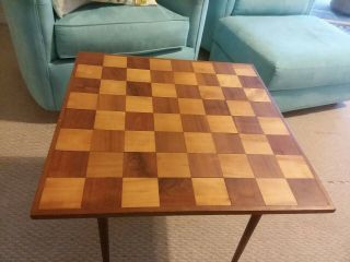 Mid - Century Chess Table Collapsible Inlaid Wood 23 Inch