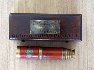 Victorian Marine Antique Brass Leather London Telescope W/ Handmade Wooden Box