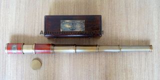 Victorian marine antique brass leather london telescope w/ handmade wooden box 2