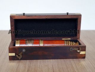 Victorian marine antique brass leather london telescope w/ handmade wooden box 3