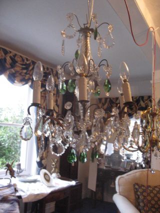 Antique Vintage Crystal 6 Branch Chandelier With Green Drops French /3991