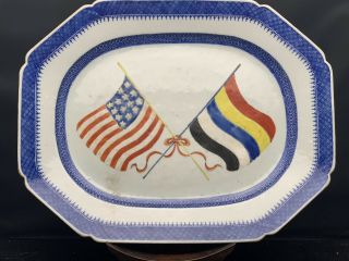 Unusual Big Antique Chinese Porcelain B&w And F&r Flag Square Plate 18th Century