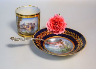 Rare & Exceptional Antique Sevres Cup And Saucer Chateau De Diane Cobalt & Gold