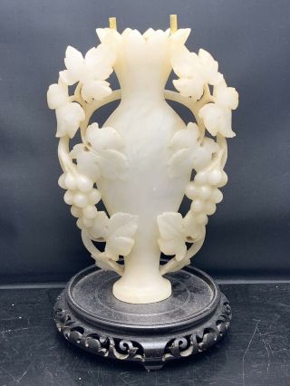 Rare Chinese Antique Carved White Jade Vase With Wood Stand
