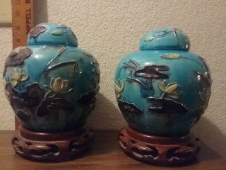 A Antique Jars Decorated With Water Lilies,  Comes With Wood Stands