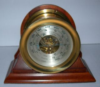 Vintage Nautical Solid Brass Chelsea Barometer Mahogany Mount Bright Brass