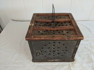 Gorgeous Antique Primitive Punched Tin Foot Bed Warmer School Sleigh Heater